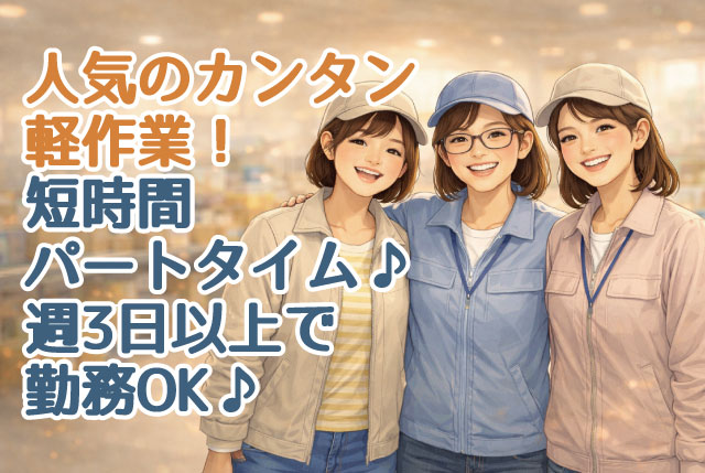 短時間パートタイム（9時-15時などOK）／週3日以上で勤務可能／20代～40代前半の女性活躍のカンタン軽作業STAFF