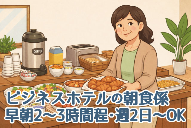 ビジネスホテルの朝食係／未経験者OK♪女性活躍中／早朝の2～3時間程で、週2日～で日数・曜日は相談に応じます！