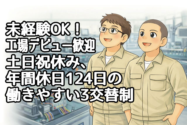 土日祝日休みの3交替制・年間休日124日！未経験者歓迎の自動車用電装部品の製造・検査スタッフ
