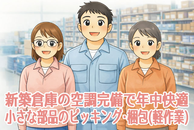 新築倉庫内で空調完備の快適環境！精密部品の入出庫・梱包のかんたん軽作業／日勤のみ＆土日祝休み！