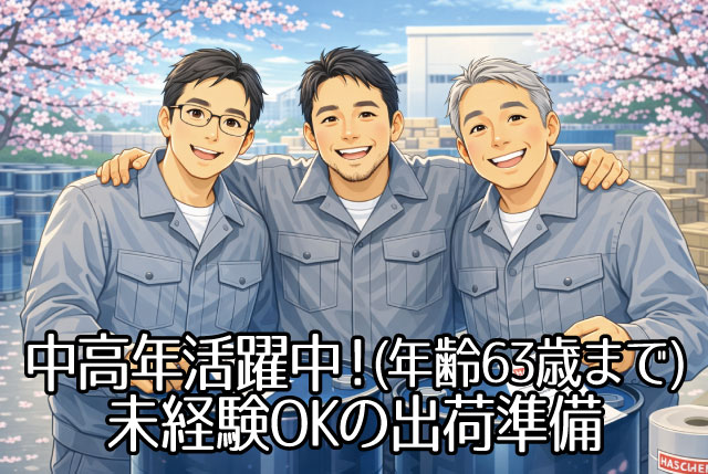 年齢不問！63歳まで活躍中！日勤のみ×土日休み／化学製品の出荷準備・構内リフト作業／正社員登用あり！