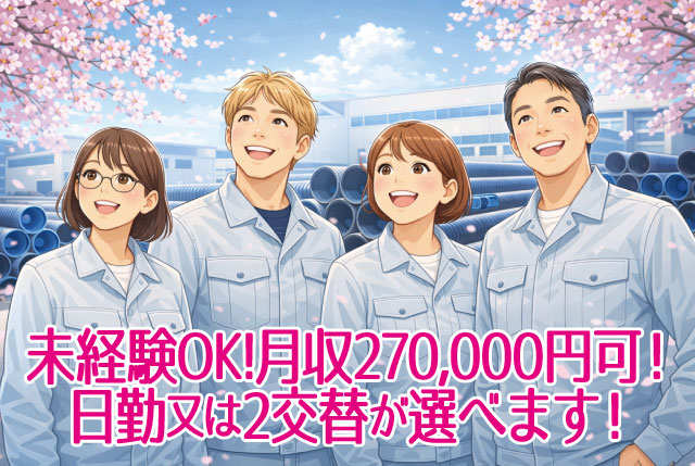 土日祝休みで月収27万円可／寮完備×送迎あり／未経験OKの管材製造スタッフ