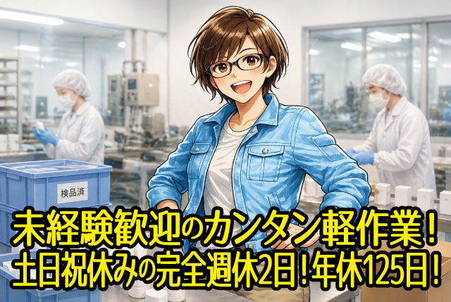 日勤8時半～のかんたん軽作業／医薬品の検査梱包／未経験OK／土日祝休み／年間休日125日！