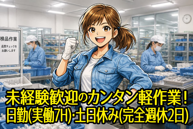 日勤9時～17時の検査軽作業／土日休み／未経験OK／軽量部品の検査梱包／ミドル活躍中！
