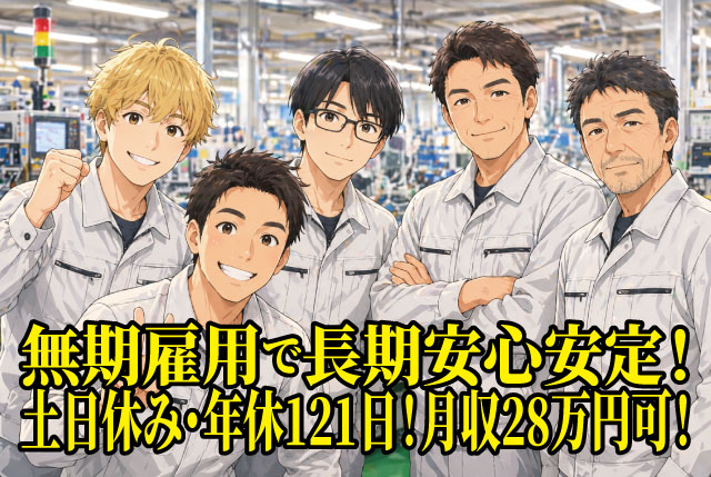 【無期雇用で長期安心安定勤務】月収28万円可のモクモク1人作業中心の軽作業！土日休みで年間休日121日