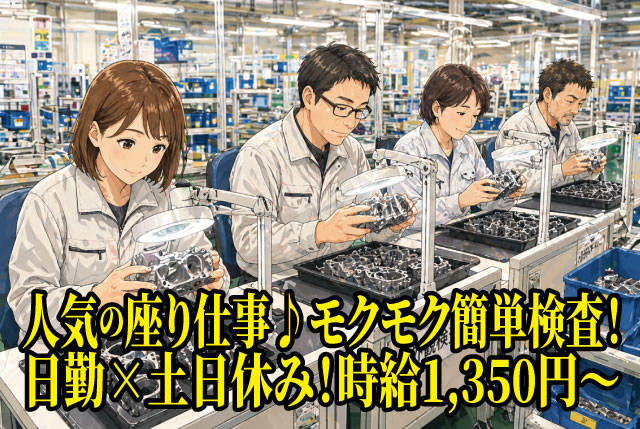 モクモク一人作業の検査業務／軽量部品の目視検査／未経験OK／土日休み／月収28万可